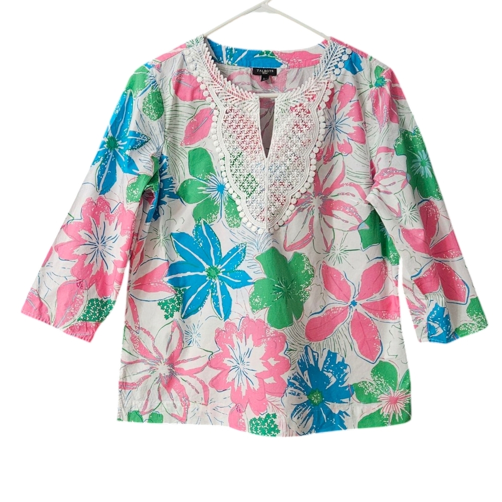 Talbots Floral Blouse Lace Trim Women's Large Petite Cotton Pink Green